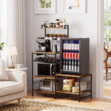 Kitchen Shelf Bakers Rack with Power Outlet, Mini Fridge and Microwave Stand Coffee Bar Table with S-Hooks, Storage