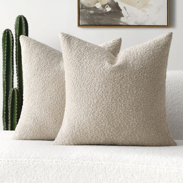 Pack of 2 Boucle Textured Throw Pillow Covers 18x18 Inch, Beige