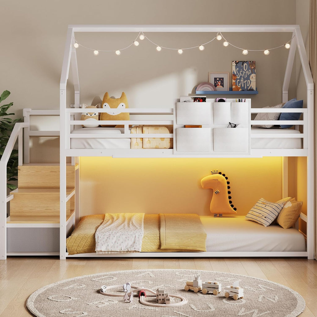 Metal Bunk Bed Twin Over Twin with Storage Staircase, Clothes Rack, LED Twin Bunk Beds for Kids with 2 Storage Drawers