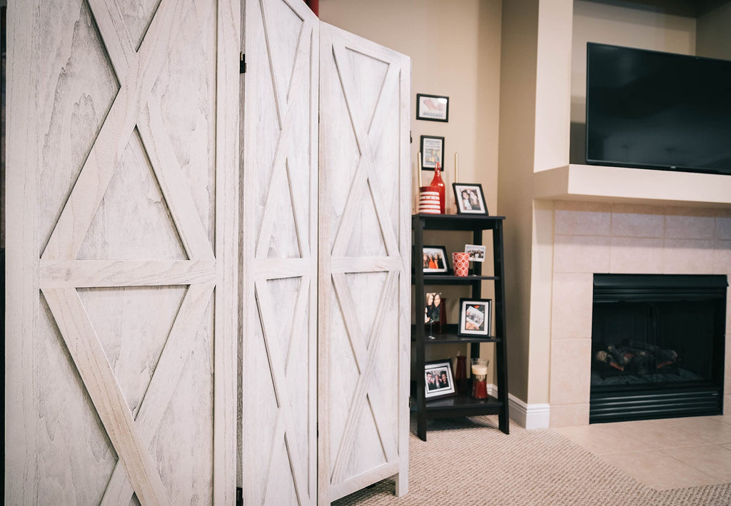 Home 6-Panel Room Divider, Rustic White Barn Door X-Pattern Screen