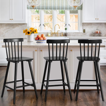 Windsor Wooden Bar Stools Set of 3 Island, Farmhouse 26 Inch Counter Height Stools Chairs with Spindle Back, Black