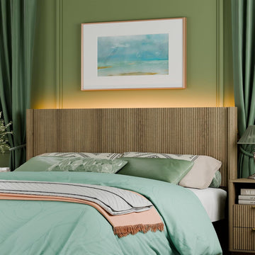King Headboard Only, Modern Fluted Wall-Mounted Head Board with Lighting, Boho Wood Bed headboard Stylish Bedroom