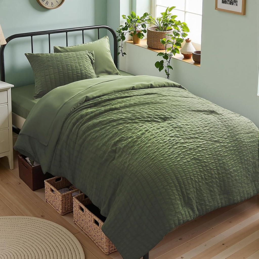 King Comforter Set 7 Piece, Olive Green Bed in a Bag King Bedding Sets