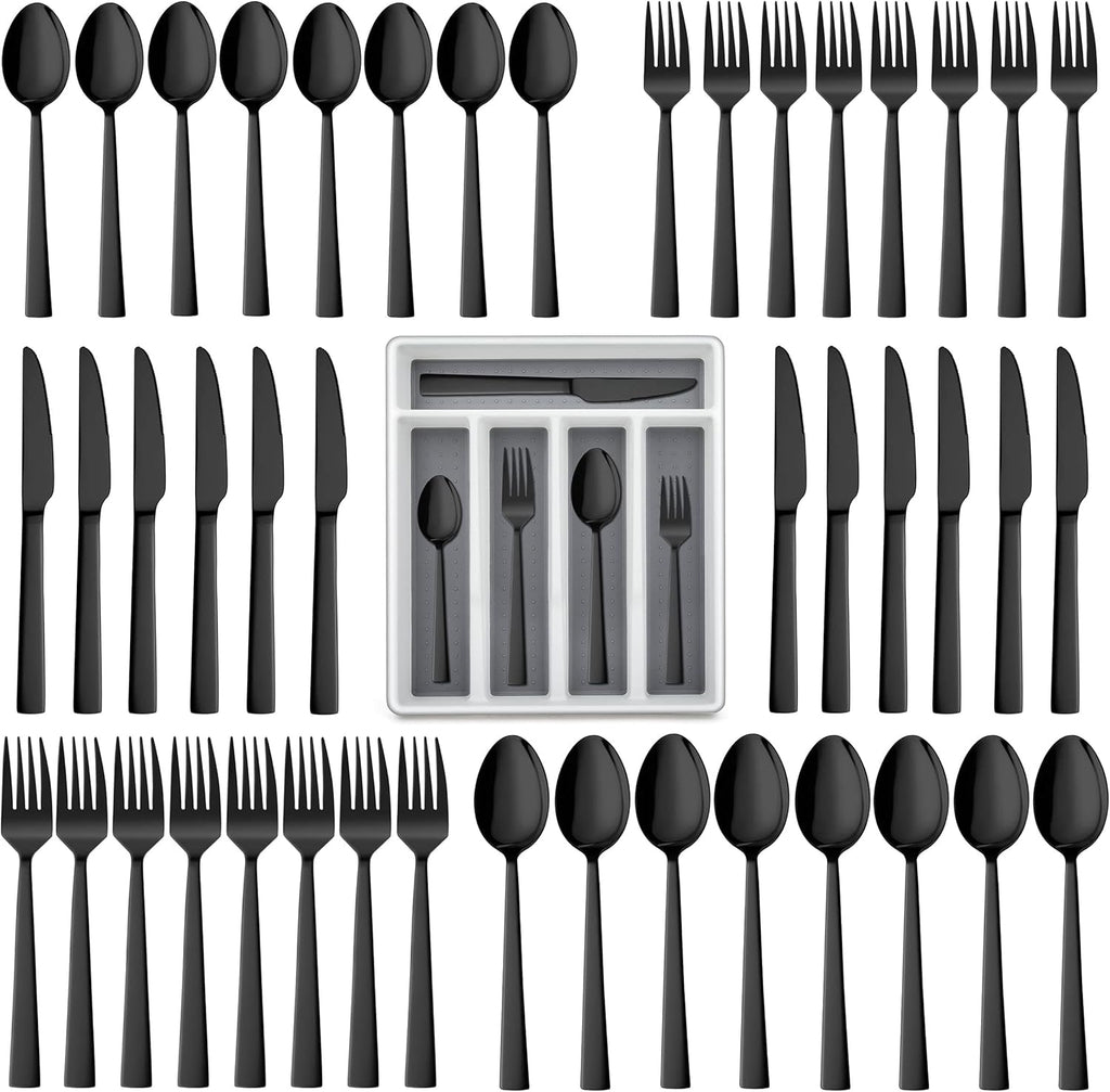 60-Piece Black Silverware Set with Organizer Tray, Stainless Steel Square Flatware Cutlery Set for 12