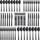 60-Piece Black Silverware Set with Organizer Tray, Stainless Steel Square Flatware Cutlery Set for 12