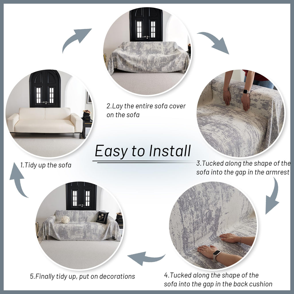 Boho Couch Cover for Dogs Washable Grey Abstract Couch Sofa Protector for Loveseat Sofa with Pets Friendly Chenille