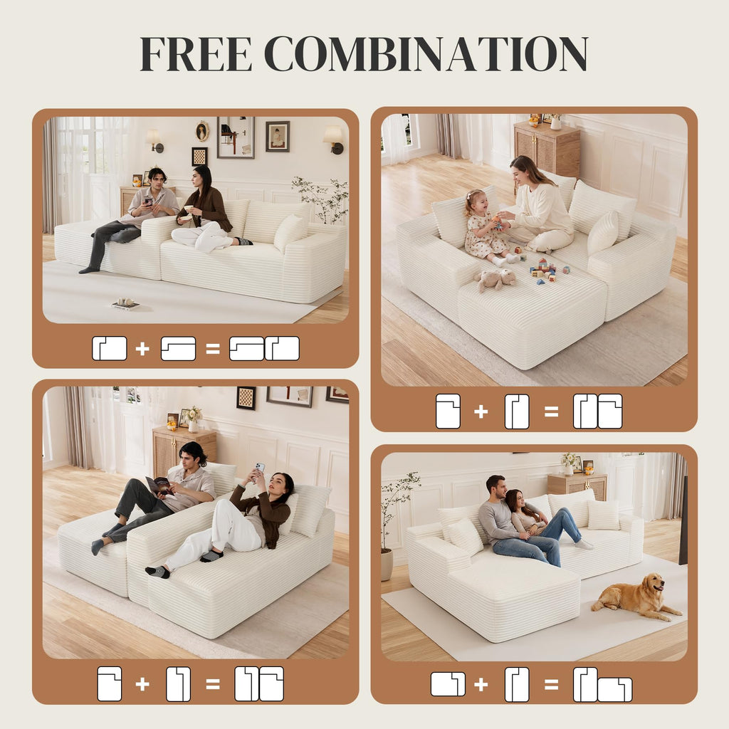 108" L Shaped Cloud Boneless Sectional Couches, Modern Comfy Modular Deep Seat Memory Foam Compressed Corduroy Sofa