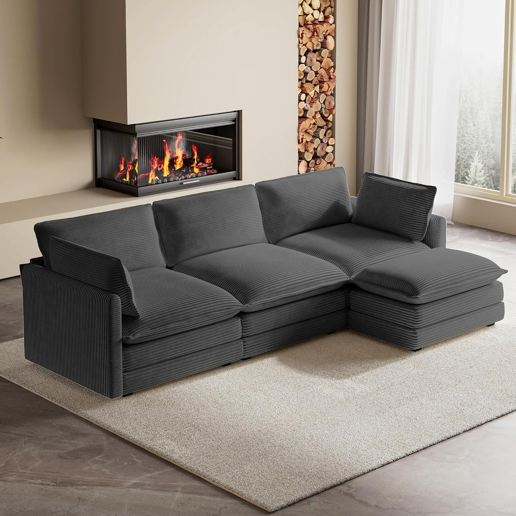 104'' Modular Sectional Cloud Couch with Movable Ottoman, 4 Seat Modern Corduroy Sofa, Deep Seat L Shaped Couch