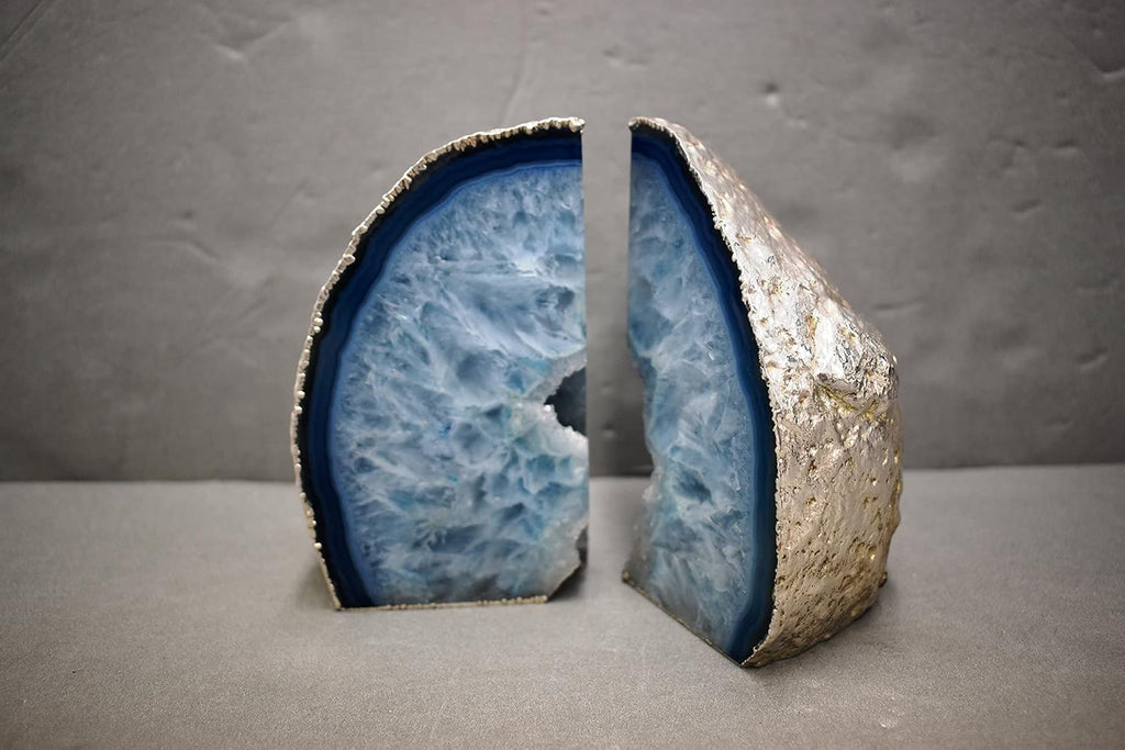 Agate Geode Bookends Silver Electroplated Small Bookends for Shelves, Non-Skid Bookend, Book Stopper for