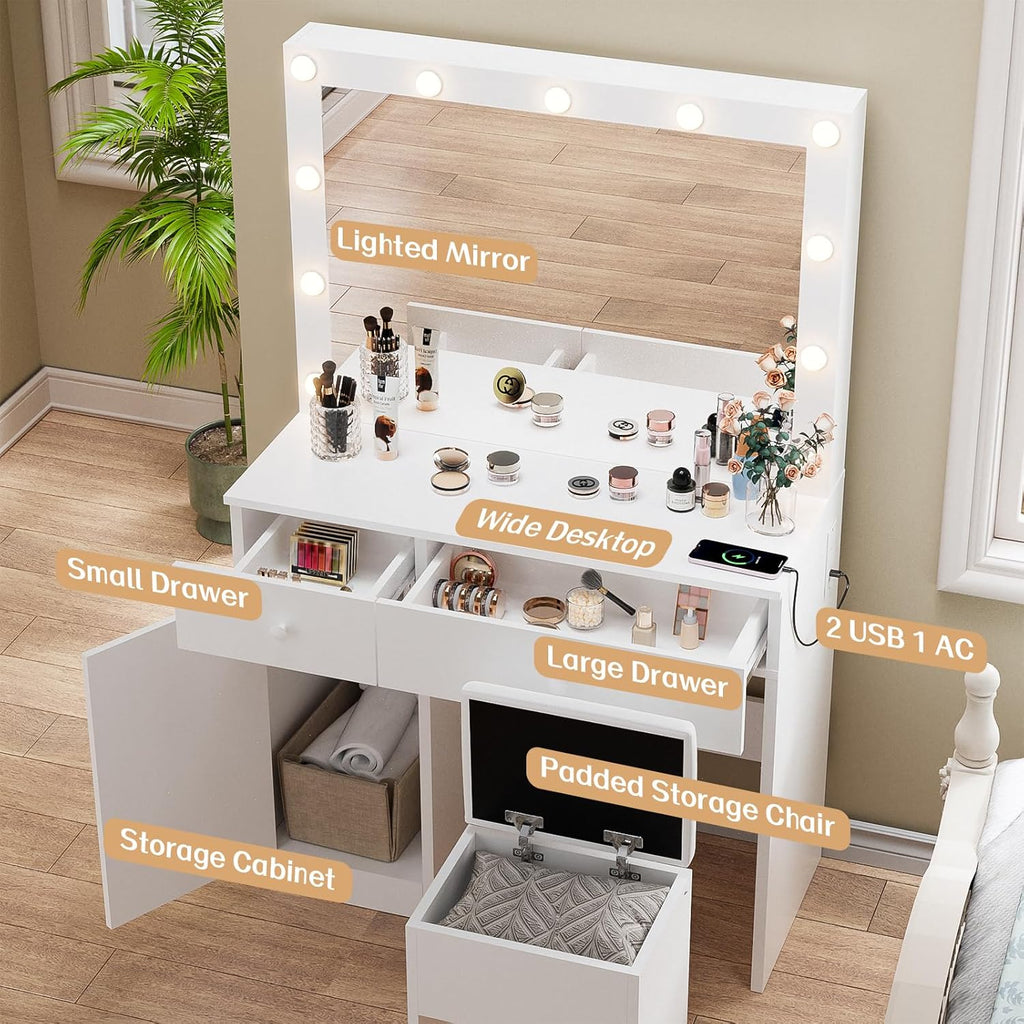 White Makeup Vanity Desk with Lighted Mirror and Storage Chiar Set | 11 LED Light Bulbs, 3 Lighting Modes, Built-In