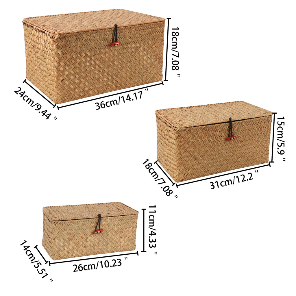 Wicker Shelf Baskets with Lid, Natural Seagrass Storage Basket Box