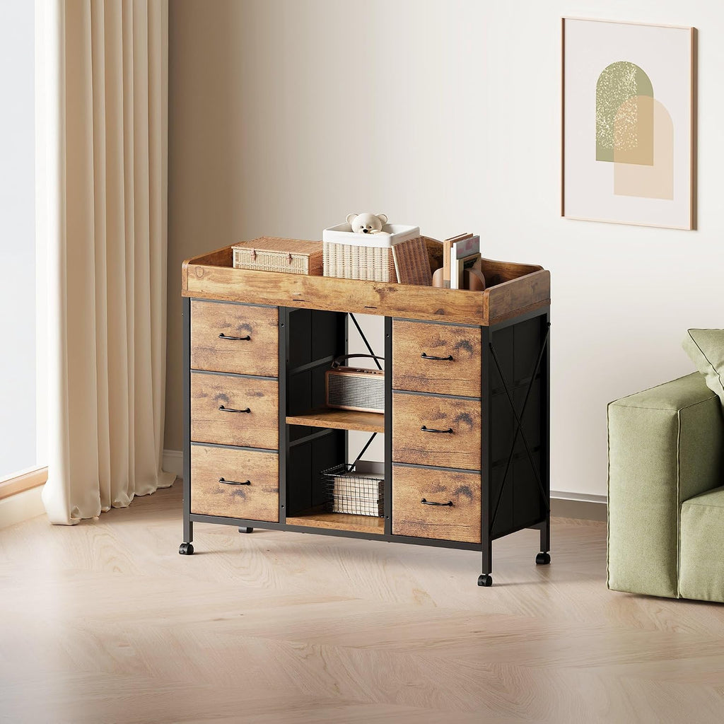 Changing Table, 6-Drawer Dresser, Adjustable Shelves, Rustic Brown | Changing Table,Waterproof Diaper pad & Safety
