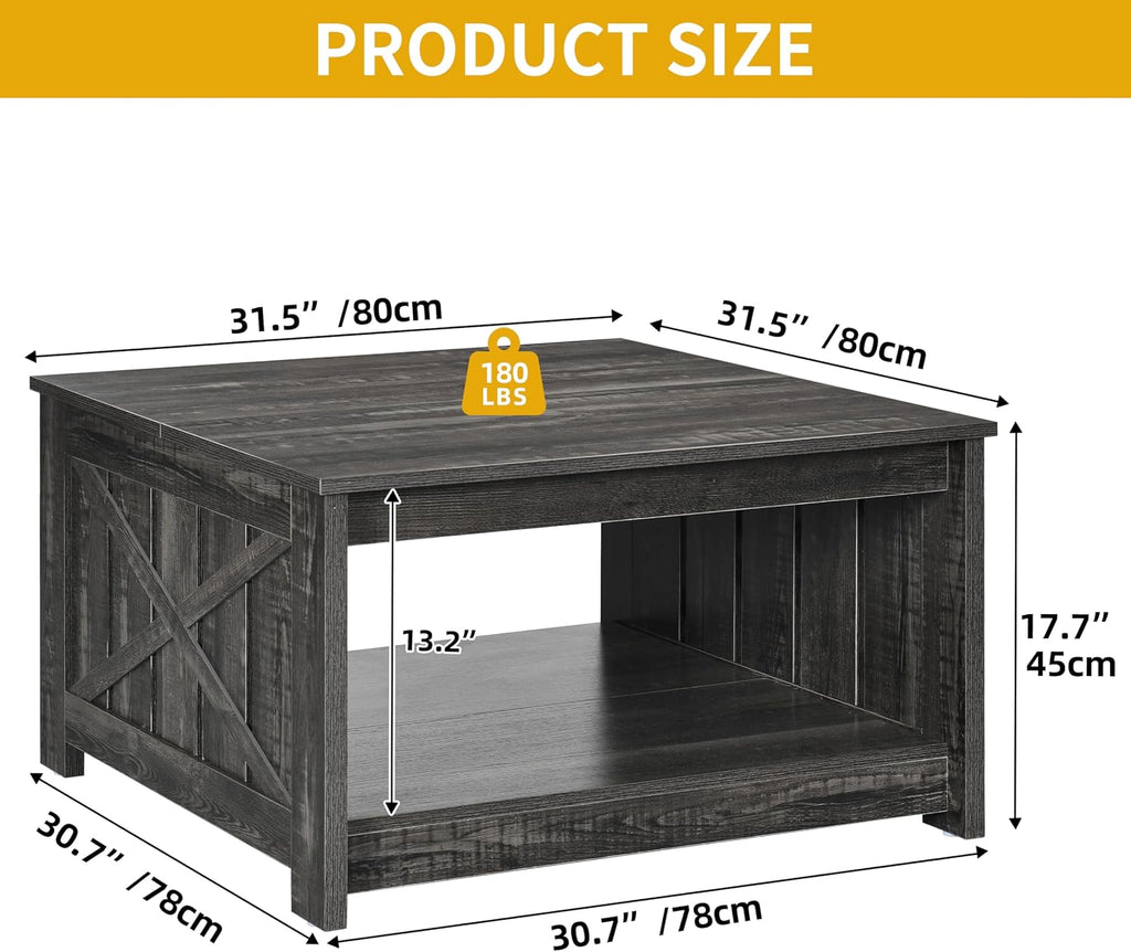 Square Coffee Tables Farmhouse Coffee Table with Storage, 2-Tier Wood Center Table with Half Open Storage Compartment