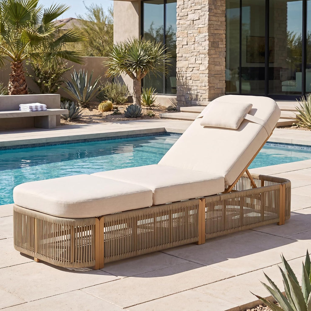 Patio Chaise Lounge Chairs Outdoor, Biege | 5-Position Adjustable Backrest, All Weather PE Rope Wicker, Modern