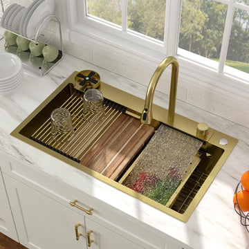 33 Gold Drop In Workstation Waterfall Kitchen Sink with Accessories
