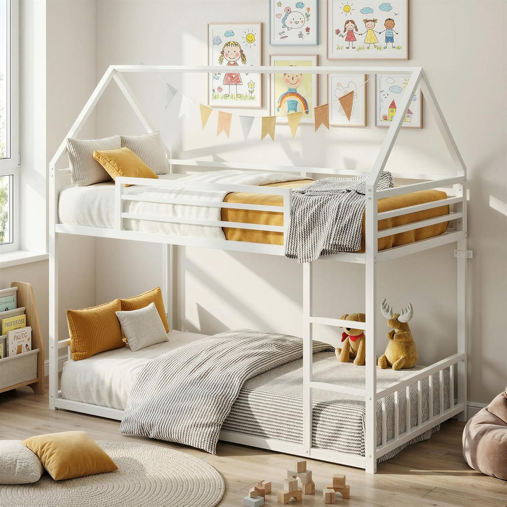 Bunk Bed Twin Over Twin, House Bunk Bed Frame with Ladder and Guardrail