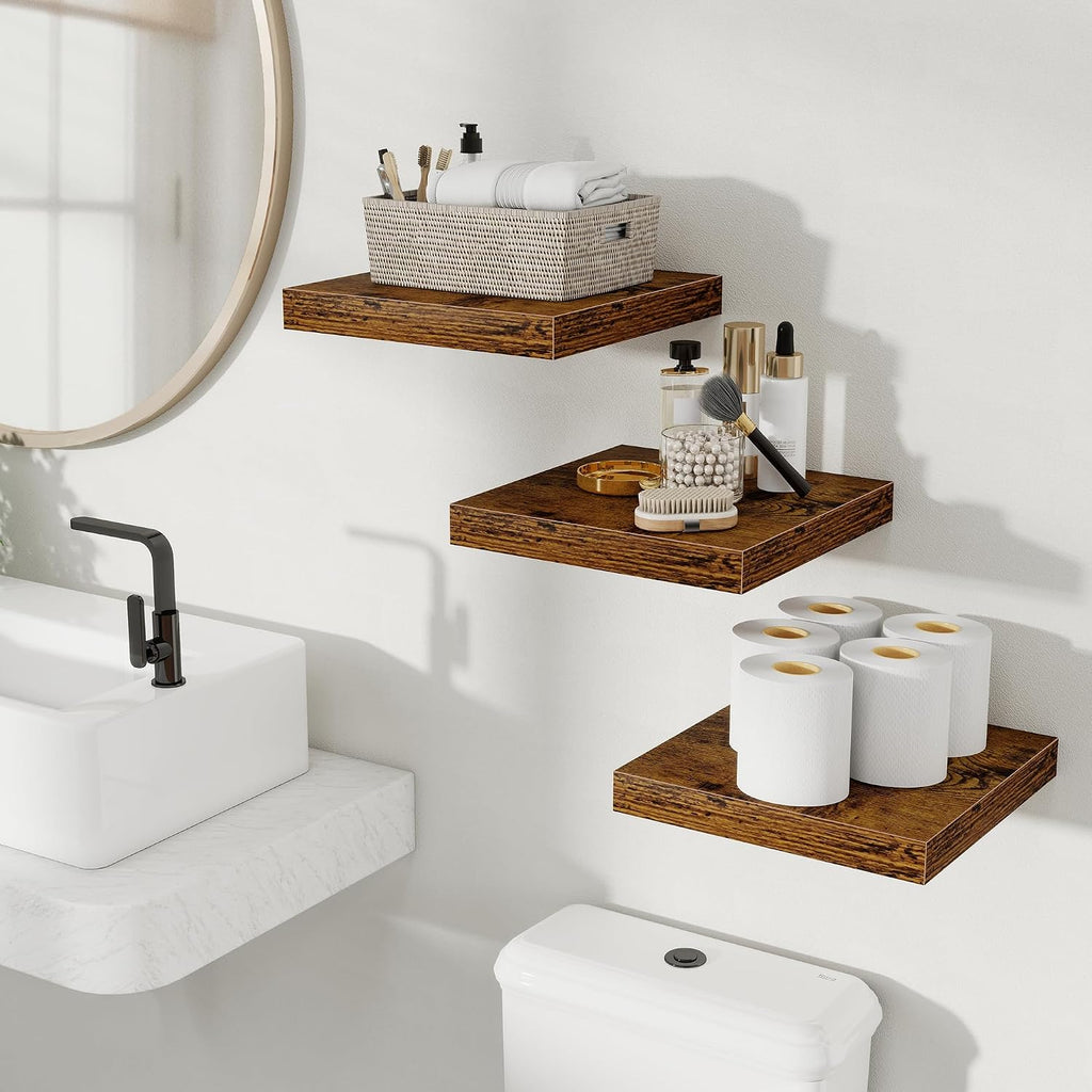 Floating Shelves for Wall, 12 Inch Set of 3 Rustic Wood Wall Shelves with Invisible Brackets, Heavy Duty Storage