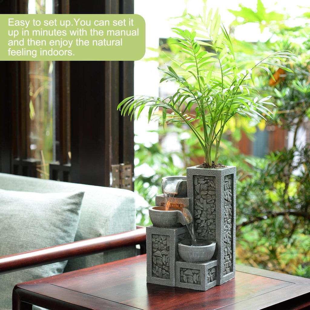Indoor Tabletop Water Fountain - 3-Tier Resin Waterfall with LED Lights, Mini Bonsai Planter & Cascading Water Flow