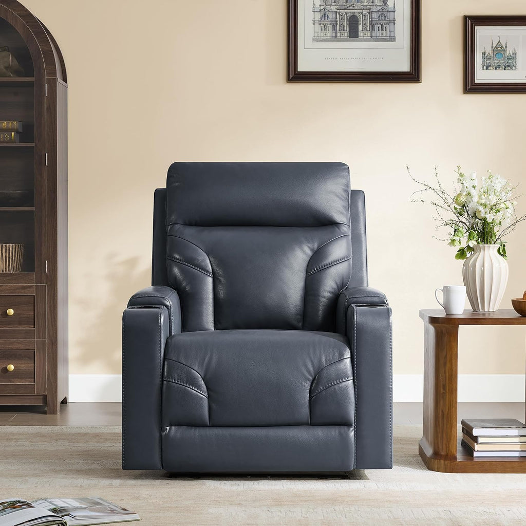 Genuine Leather Power Recliner Chair, Wall Hugger Electric Reclining Chair with Cup Holders & Charging Ports , Navy
