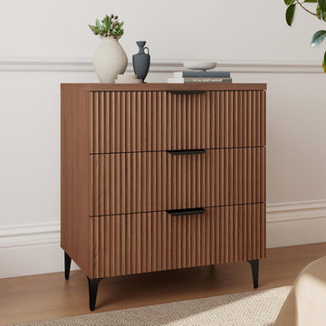 25.6"W Fluted Nightstand with 3 Drawer, Mid-century Modern Wood Night Stands Bedside Table King/Queen Bed, End Table