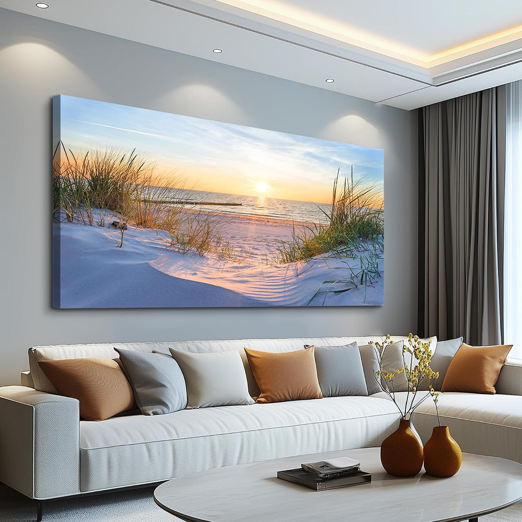 Wall Decor Large Canvas Wall Art Modern Office Pictures Blue Sun Beach Grass Ocean Landscape Paintings Canvas Art