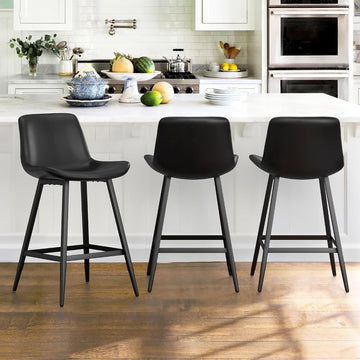 24 inch Counter Stool, Modern Bucket Barstool Set of 3, Barstools with Back and Footrest, Faux Leather Bar Stools