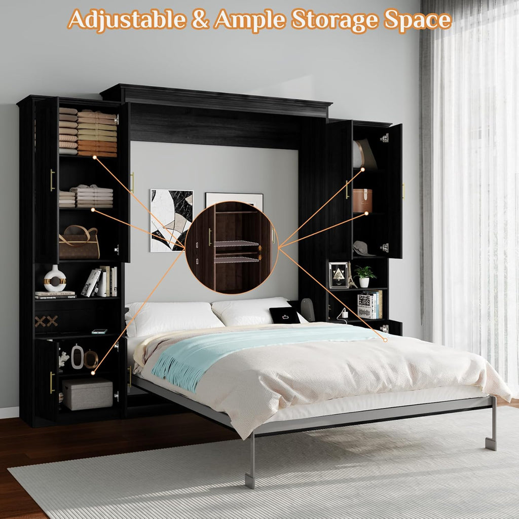 Murphy Bed Queen with 2 Side Cabinet Storage Shelves, Queen Wall Bed Cabinet with USB Port, Wood Foldable Platform