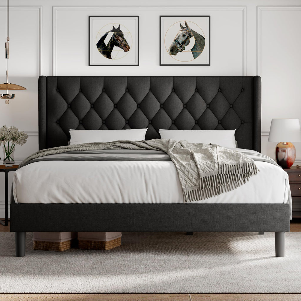 King Size Platform Bed Frame with Button Tufted Headboard, Upholstered Bed Frame with Solid Wooden Slats, 8" Underbed