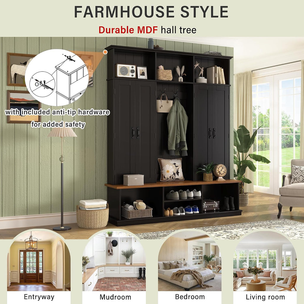 62.2''W Entryway Hall Tree with Bench, 3 Top Cubbies & Bottom Storage Space, Farmhouse Coat Rack with Hooks &