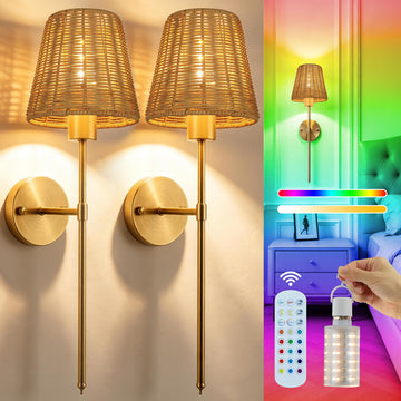 Battery Operated Wall Sconces Set of 2 with Rattan Shade, Rechargeable Wireless Wall Light with RGB Dimmable Magnetic