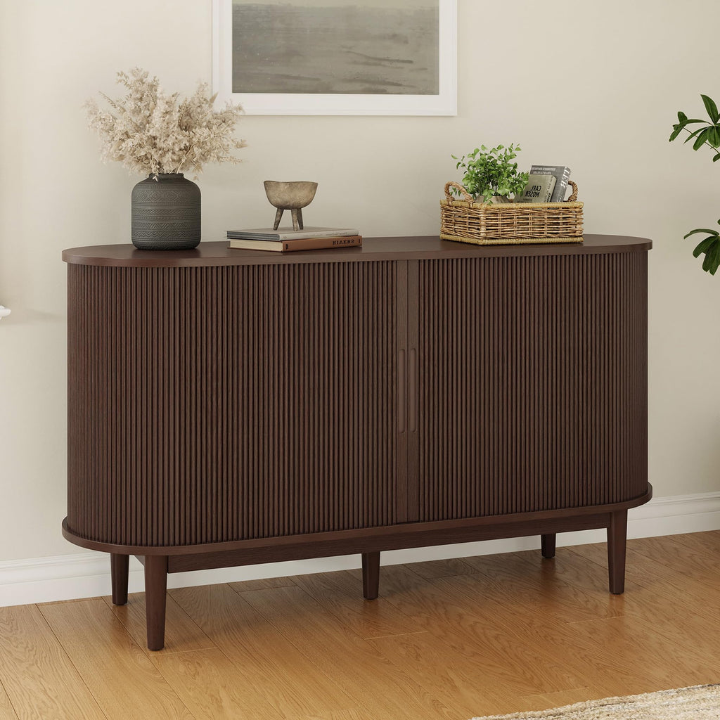 Sideboard Buffet Cabinet with Storage, 55" Fluted Coffee Bar Cabinet with Tambour Sliding Doors and Drawer, Mid