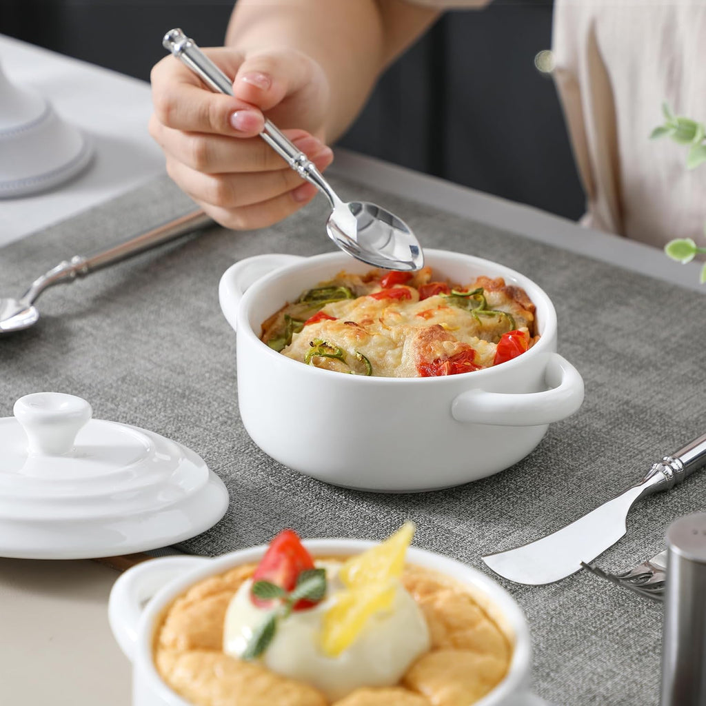 Mini Cocotte Set of 4, 14 OZ Ceramic Casserole Dishes with Lids | Single Serving Small Dutch Oven Set, Lasagna