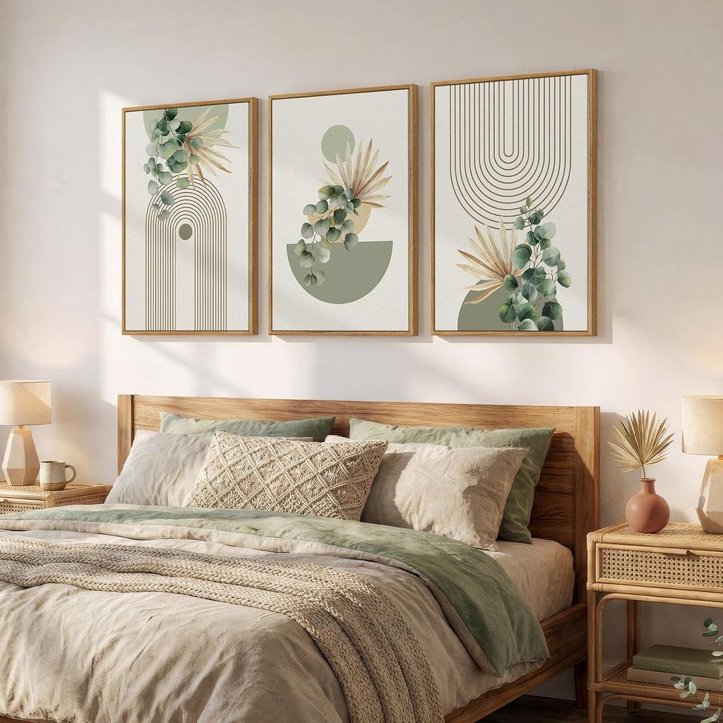 Framed Green Boho Wall Art , 3 Piece Bohemian Botanical Canvas Painting Prints, Modern Geometric Eucalyptus Leaf