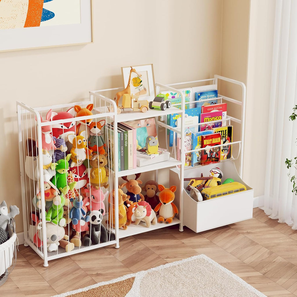 Kids Bookshelf and Toy Storage Organizer, 3-in-1 Toddler Montessori Bookcase with Stuffed Animal Storage & Movable