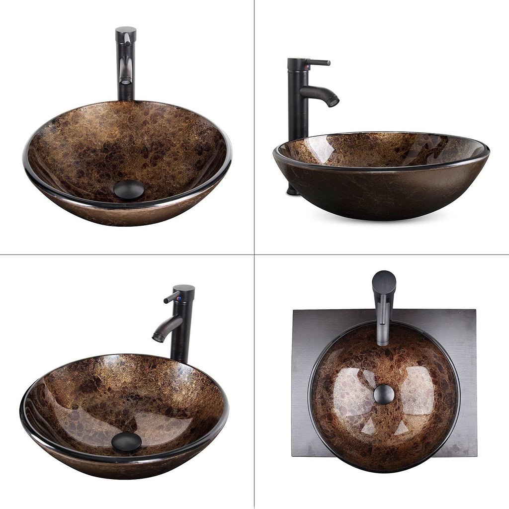 Bathroom Artistic Vessel Sink, Tempered Glass Vanity Round Bowl with Oil Rubber Bronze Faucet and Pop up drain Set, Brown