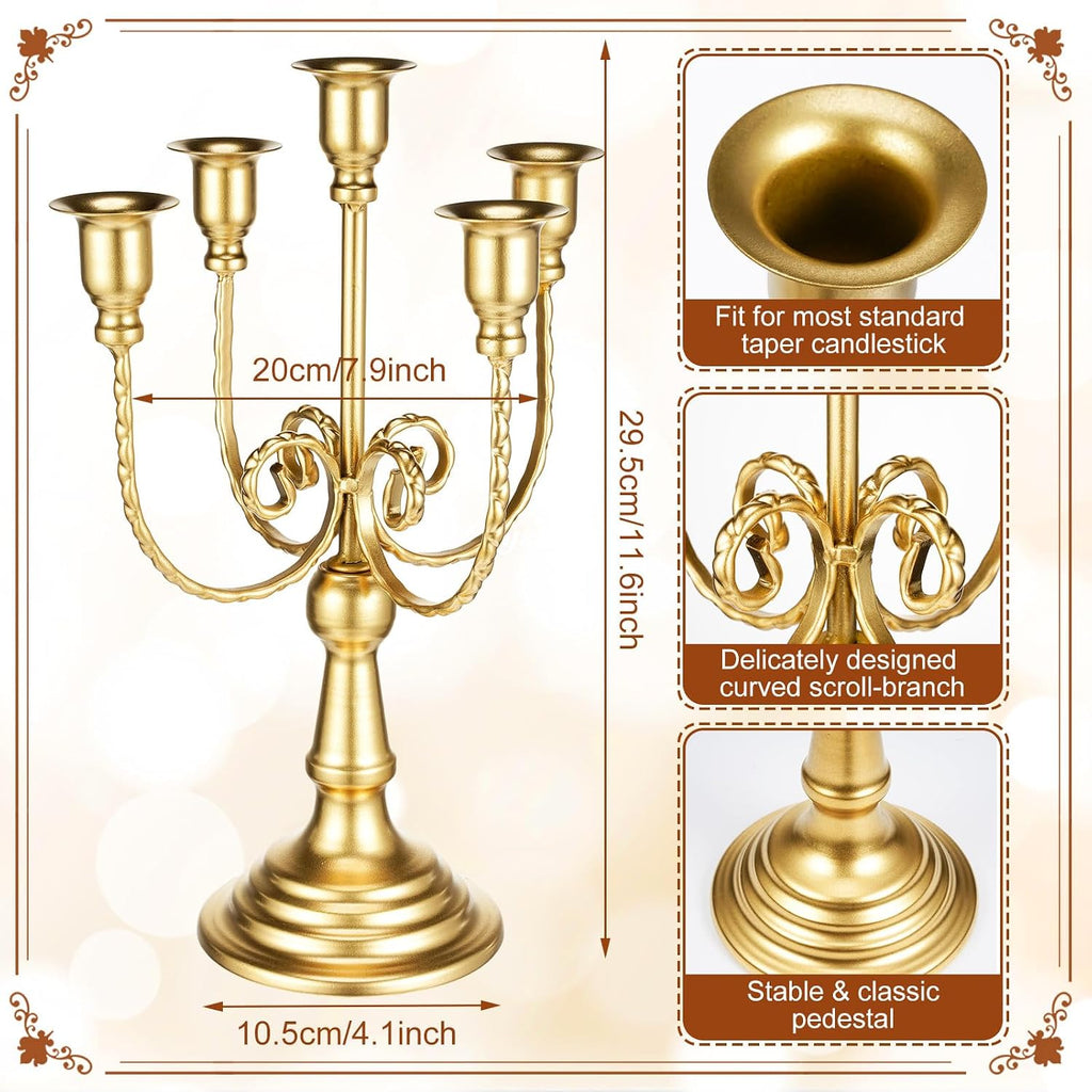 Set of 4 Gold Candelabra Candle Holders - 5 Arm 11.6" Tall Wedding Candlestick Holder, Metal Candle Stands, Gold