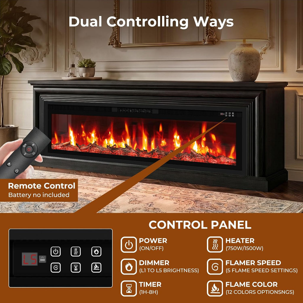 70'' Fireplace TV Stand, Large Electric Fireplace with Mantel | Freestanding Fireplace with 60" Insert, Modern