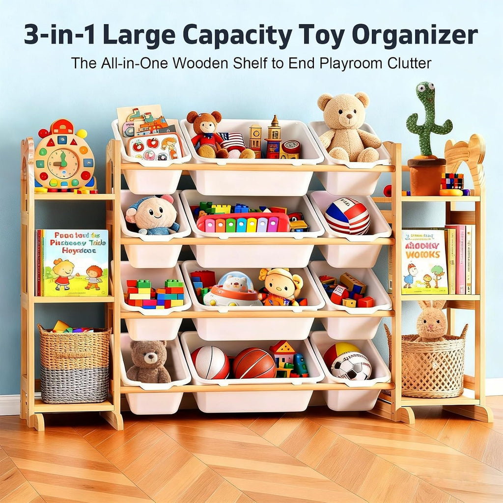 Toy Storage Organizer with 6 Shelves and 12 Bins, Toy Organizers and Storage Shelf with Bookshelf and Bookcase, Toys