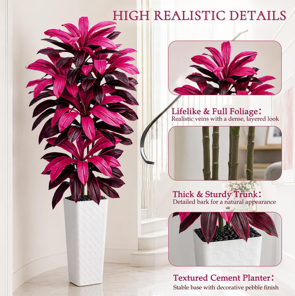 Artificial Dracaena Tree Purple Red, 7FT Tall Plant White Planter