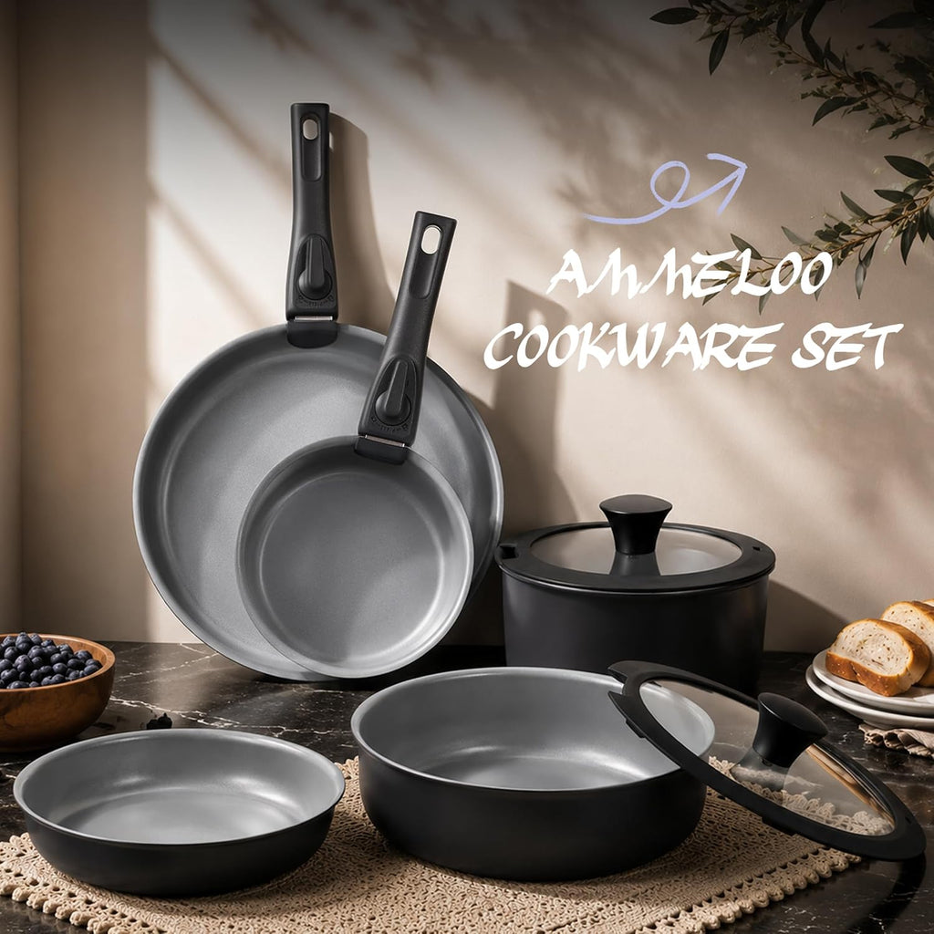 18-Piece Ceramic Pots and Pans Set Non Stick, Non Toxic Cookware Set with Removable Handles, Pot Sets for Cooking