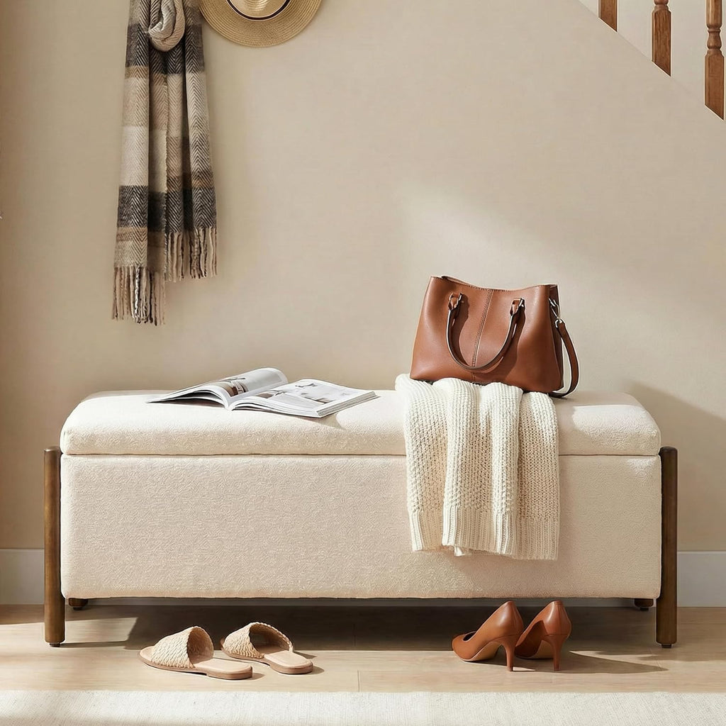 47" Fabric Upholstered End of Bed Storage Ottoman Bench, Beige | Entryway Bench with Storage and Rubberwood Legs