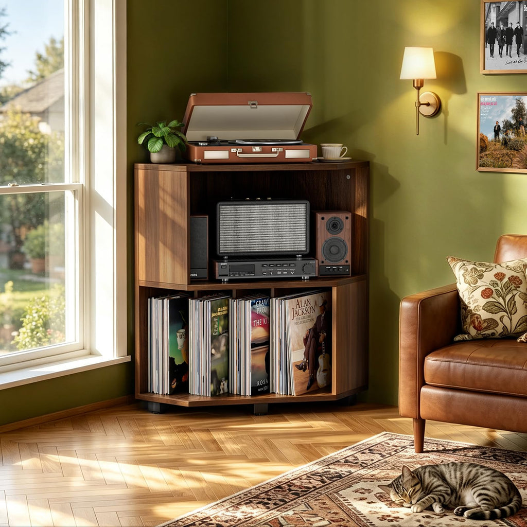 Corner Record Player Stand, Record Player Cabinet, Walnut