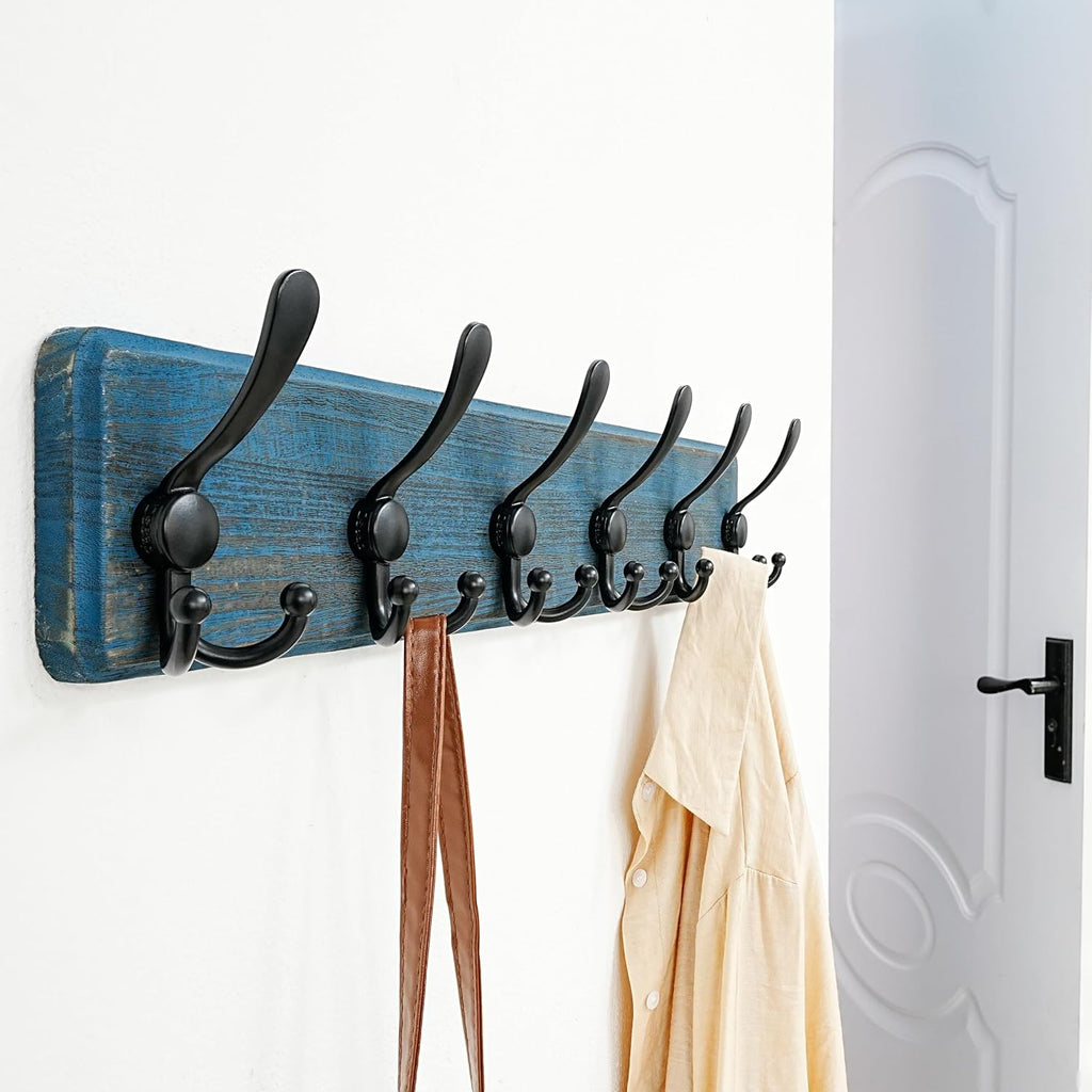 Coat Rack Wall Mounted - 24" Long 6 Tri Hooks, Heavy Duty Wooden Wall Coat Hanger Coat Hook for Clothes Hat Jacket