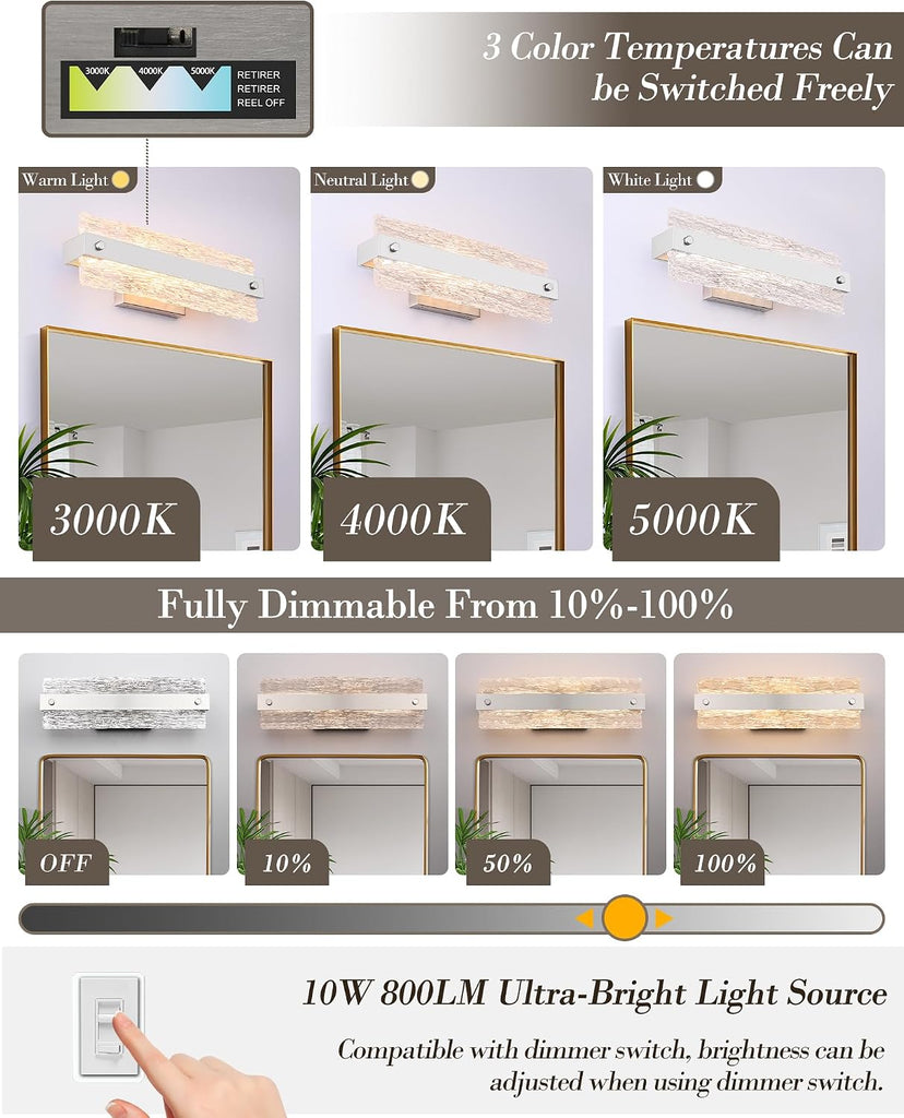 Brushed Nickel Bathroom Vanity Light, 16.5 Inch 10W Dimmable LED Bathroom Light Fixture Over Mirror, Modern Crystal