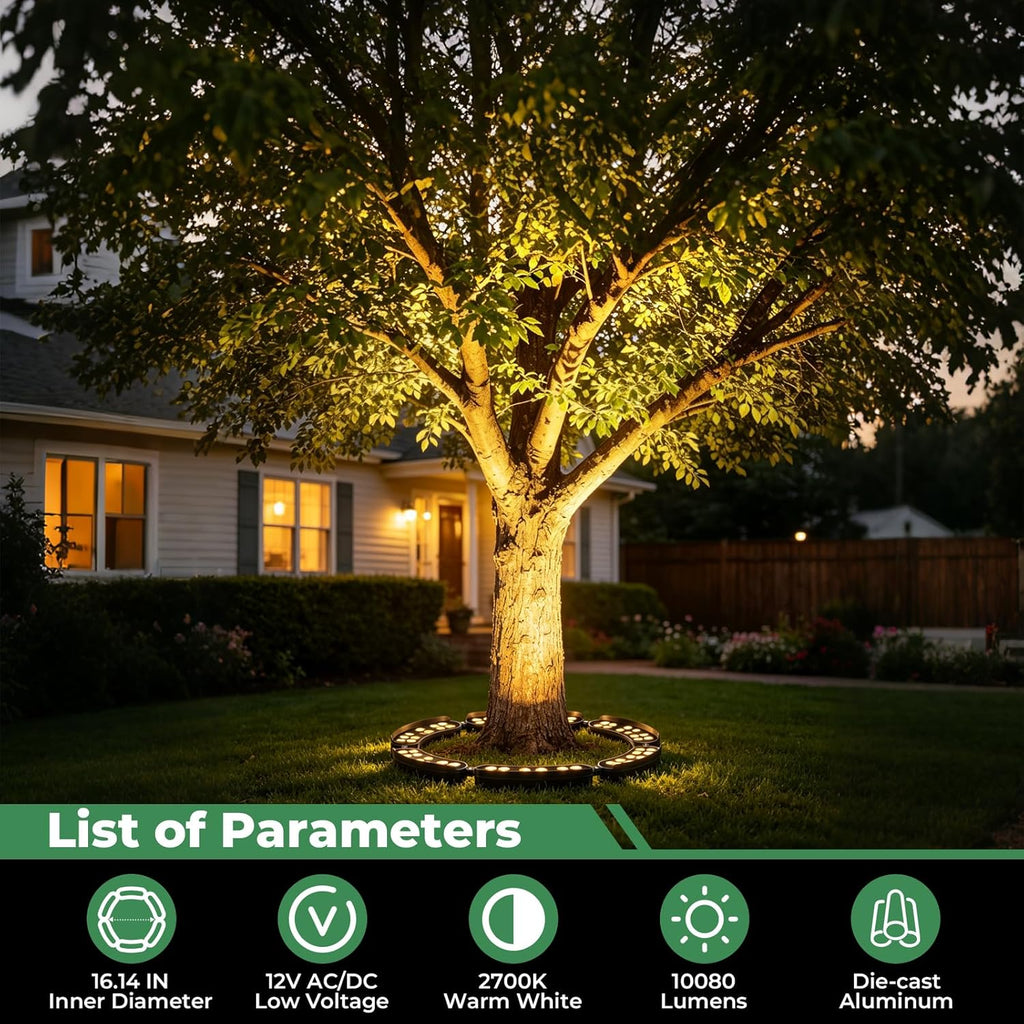 Outdoor Ring Tree Lights, 12V 72W Aluminum LED Landscape Uplighting for Trees, 2700K Warm White, Low Voltage IP65