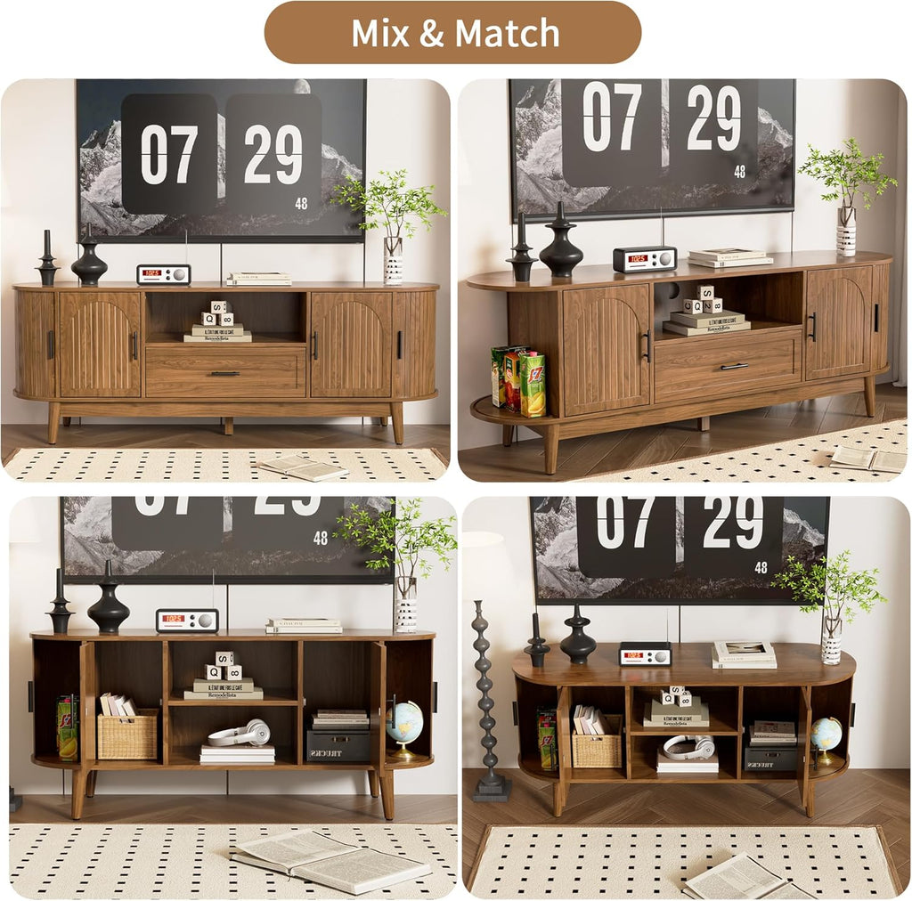 63" Fluted TV Stand for Tvs up to 70", Mid-Century Modern Entertainment Center with Drawers and Fluted Doors, Curved