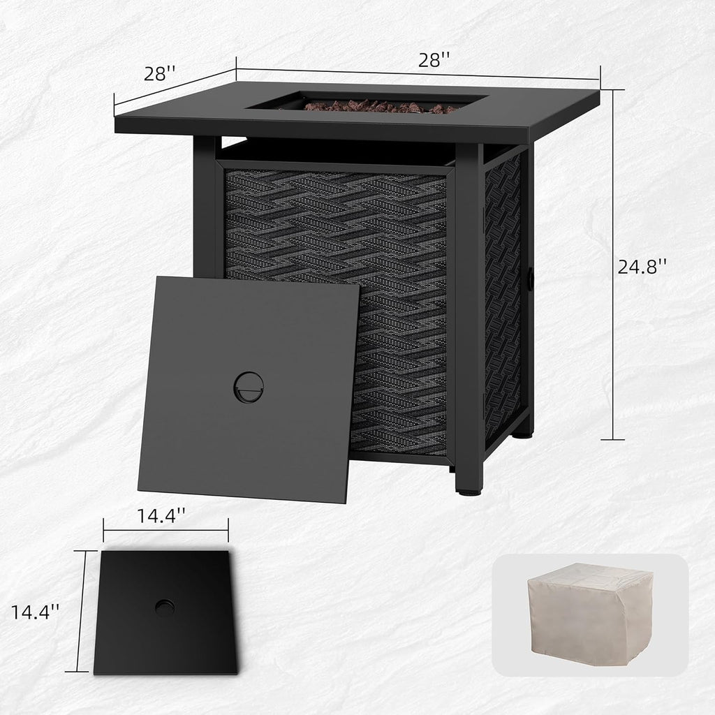 Propane Fire Table, 28 in Outdoor Fire Pit Table with Lava Rocks, 50,000 BTU Square Fire Table with Lid and Rain Cover