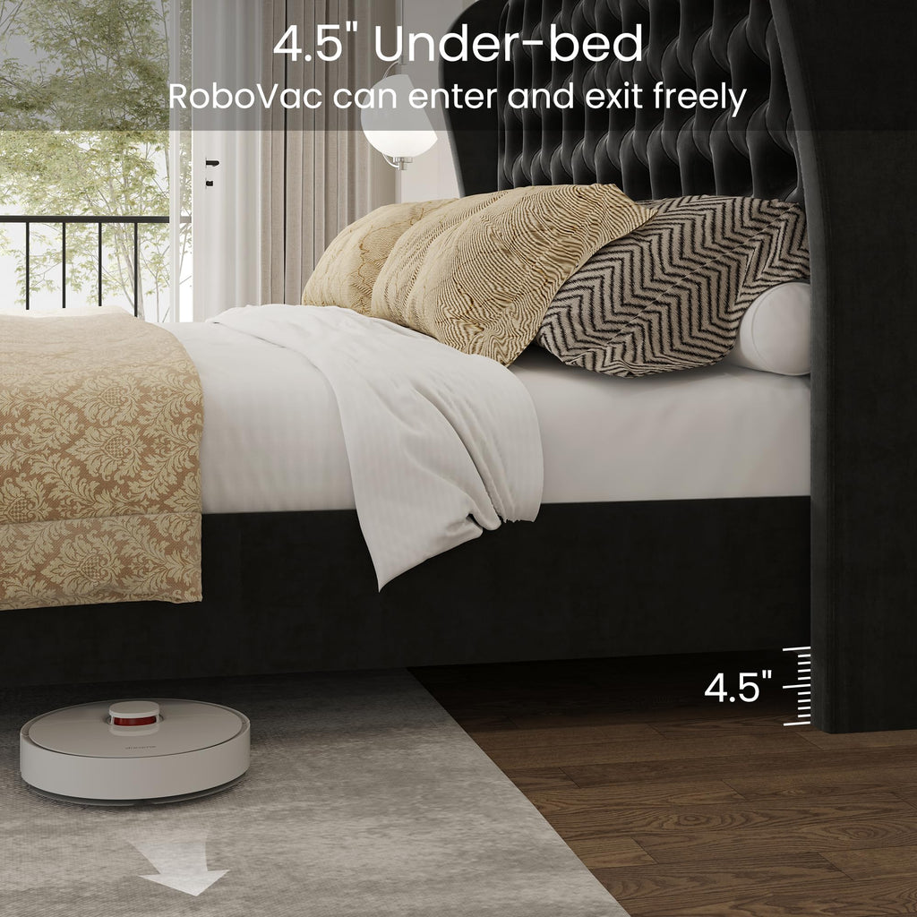 King Size Bed Frame Velvet Upholstered Platform Bed with Wingback Headboard & Footbaord, Deep Button Tufted Bed Frame