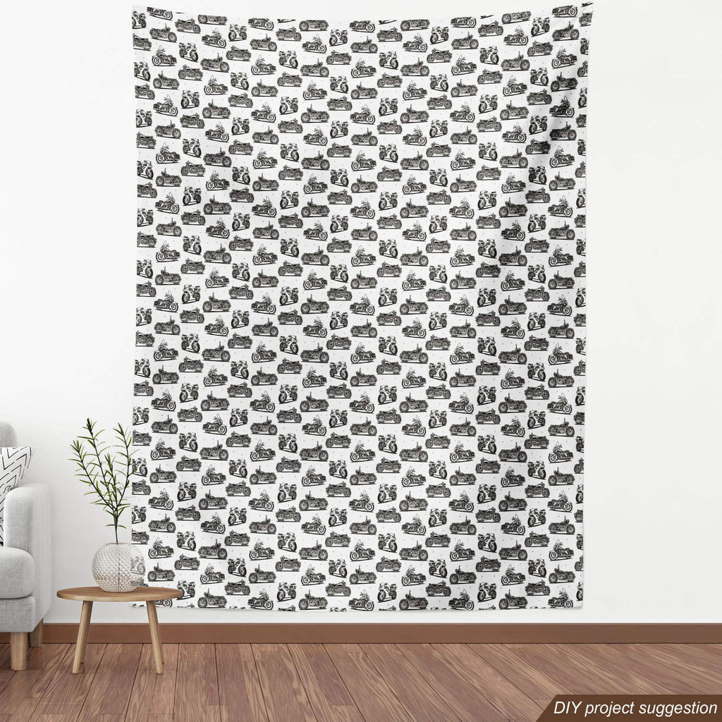 Motorcycle Fabric by The Yard, Indoor and Outdoor Projects Retro Motorcycle Drawings of Old Fashion Modern on White