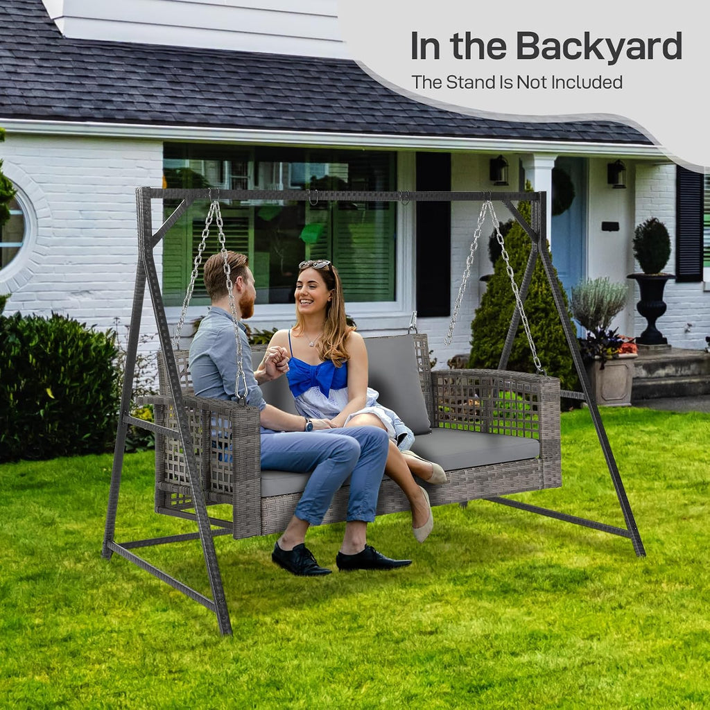 4FT Wicker 2-Person Porch Swing with Cushions Hanging Chains | Sturdy hanging patio swing for adults, supports up to